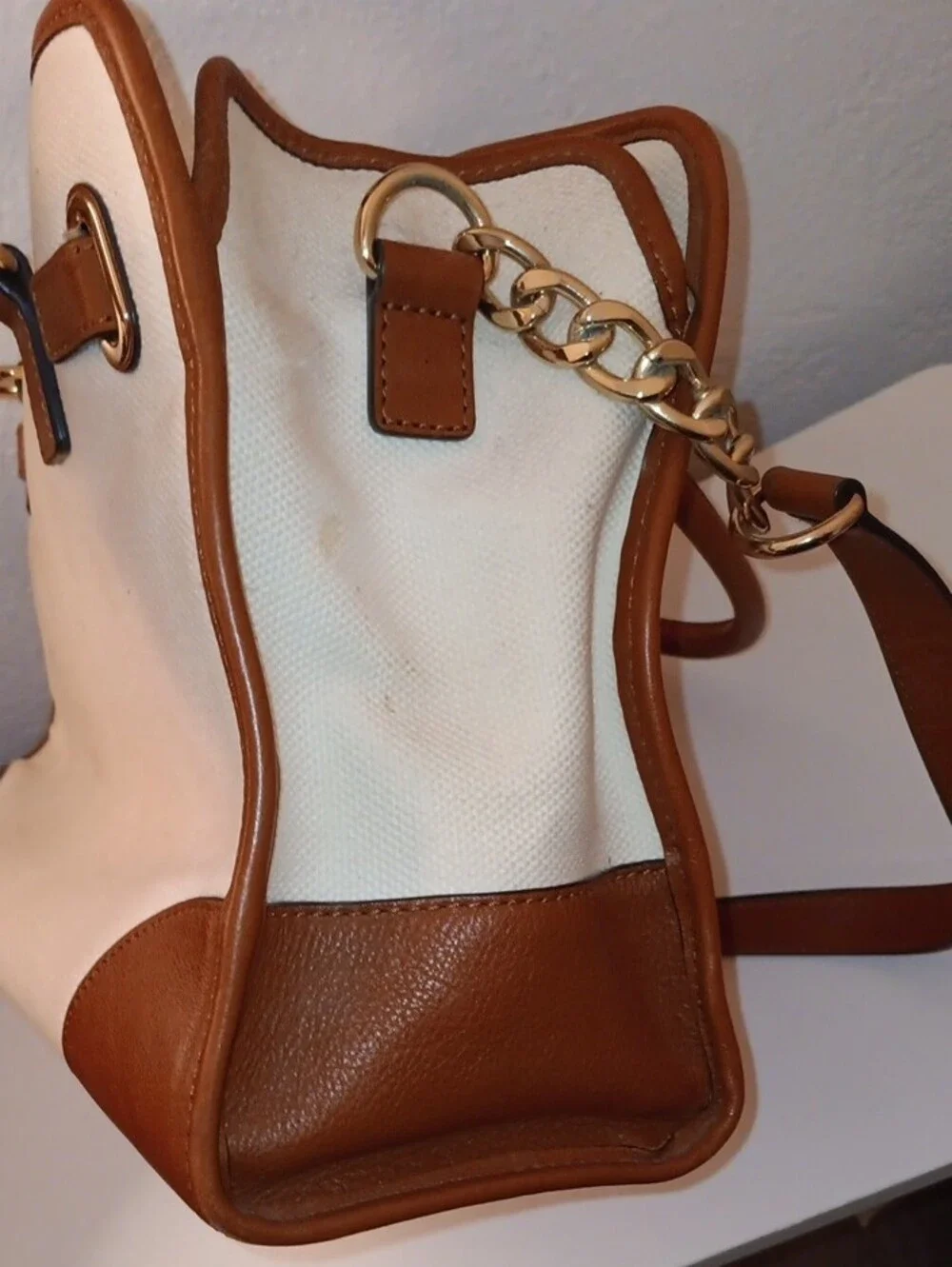 Michael Kors Preloved Canvas Satchel with Pink Center Stripe and Brown Trim